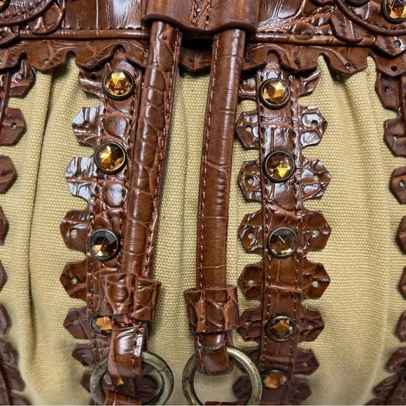 Sondra Roberts Jewel Studded Brown Canvas and vegan Leather Shoulder Bag ✨ - Picture 2 of 7